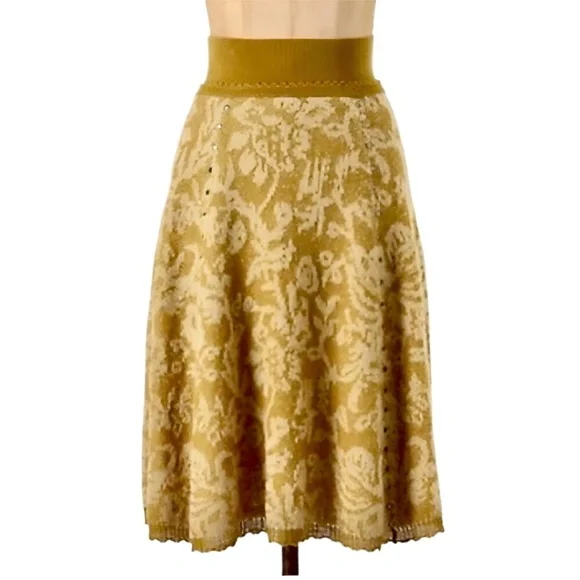 ANTHROPOLOGIE MOTH Mustard Yellow Floral Studded Wool Jacquard Knit Skirt size S - Picture 2 of 12